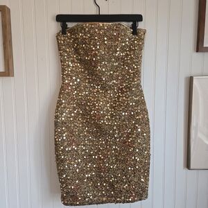 ESCADA Vintage 90s Gold Metallic Sequin Embellished Strapless Corset Dress sz 36